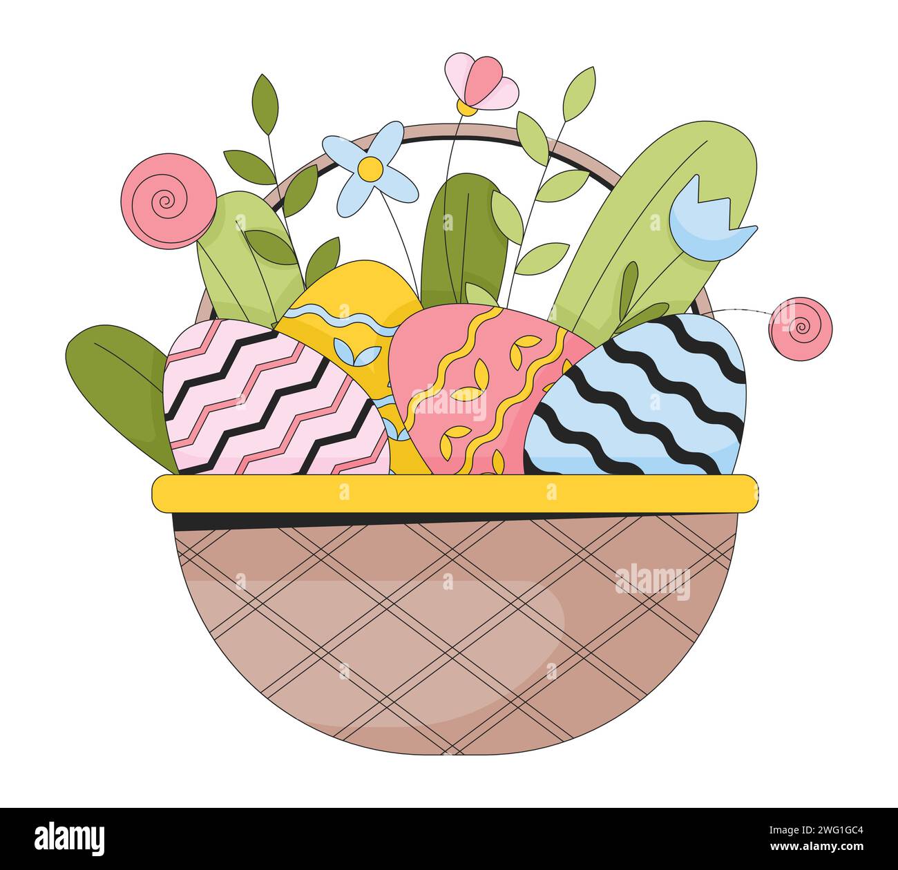 Wildflowers Easter eggs wicker basket 2D linear cartoon object Stock Vector
