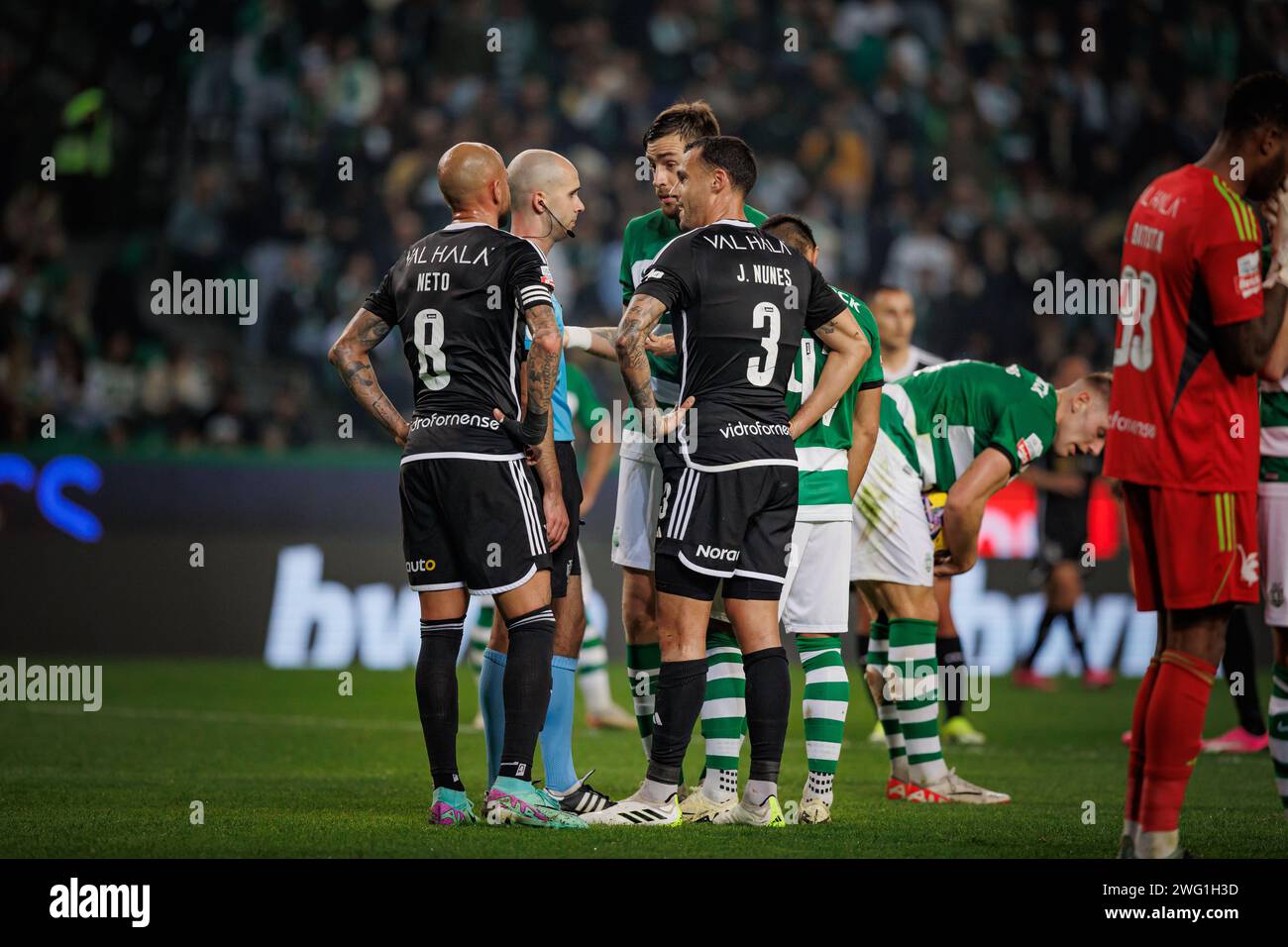 Players of both teams (Neto, Joao Nunes, Sebastian Coates) argue with referee Helder Carvalho) during Liga Portugal 23/24 game between Sporting CP and Stock Photo