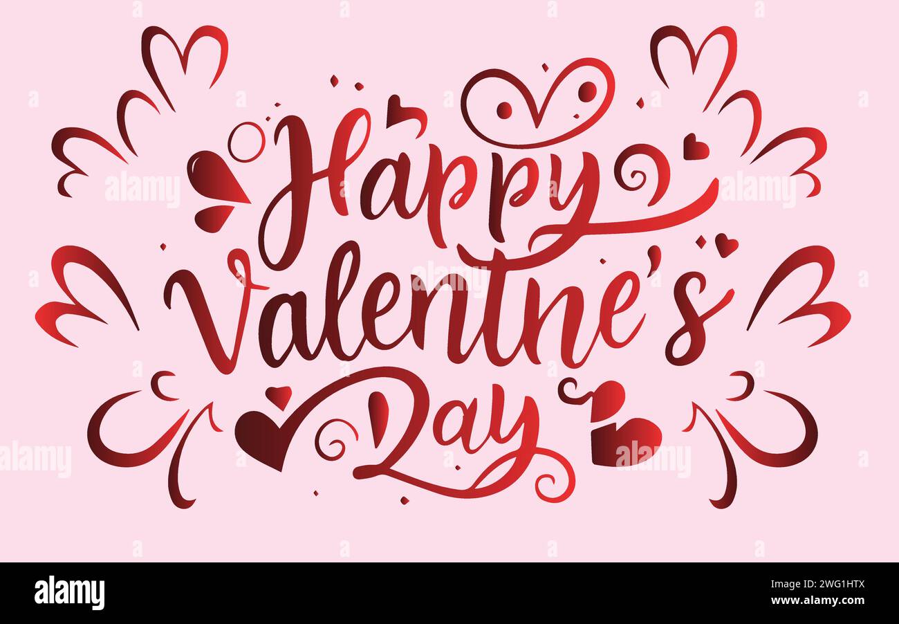 Valentines day greeting card hand lettering with red hearts, Vector ...