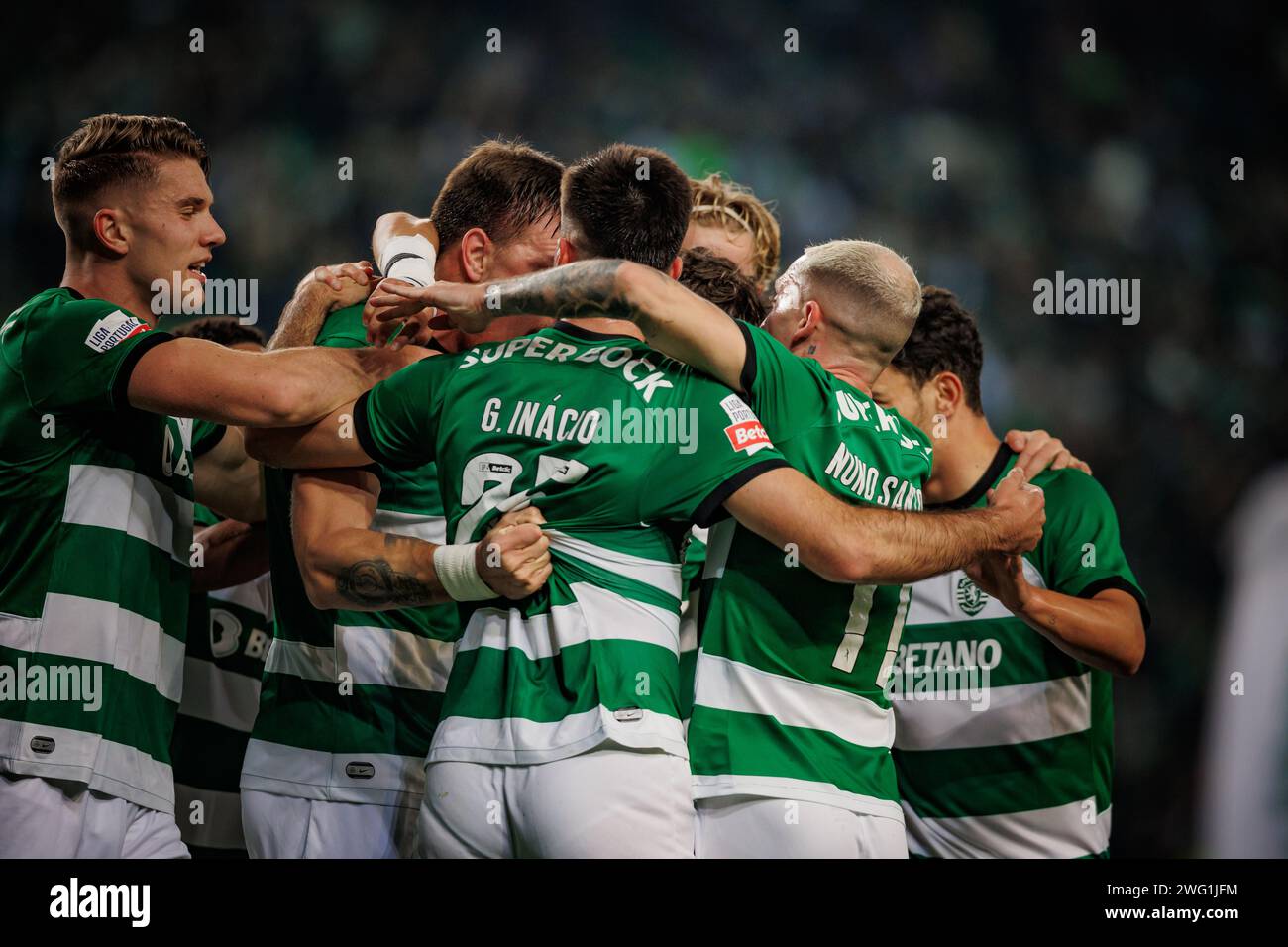 Players of Sporting celebrate after goal scored by Sebastian Coates during Liga Portugal 23/24 game between Sporting CP and Casa Pia AC, Estadio Jose Stock Photo