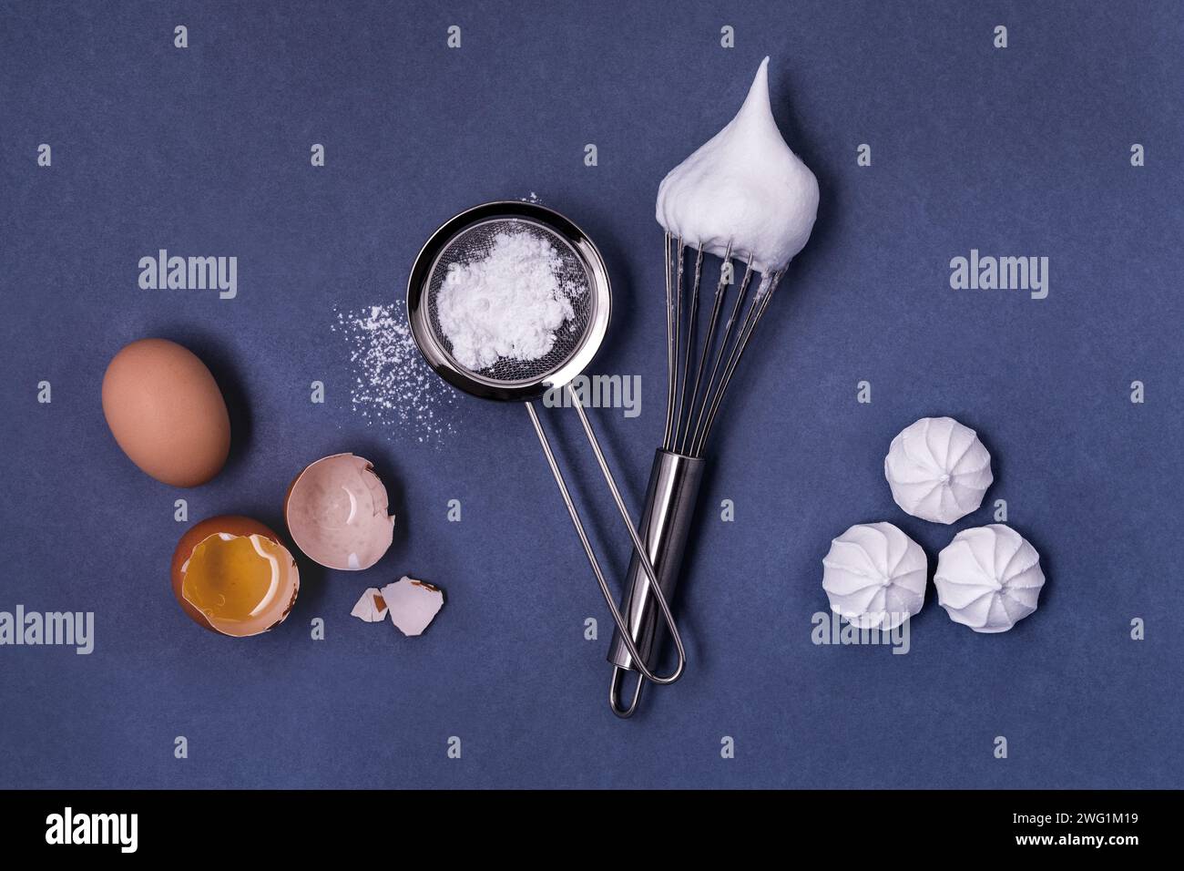 Shell Seive top view on uniform gray background, egg white in shell, sieve with ...