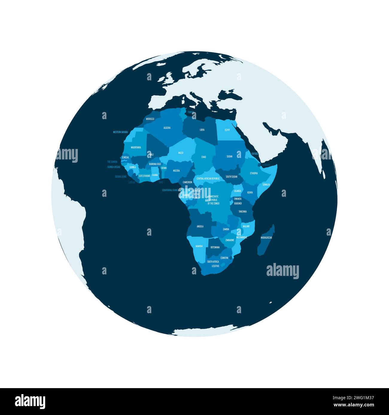 Political map of Africa. Blue colored land with country name labels on