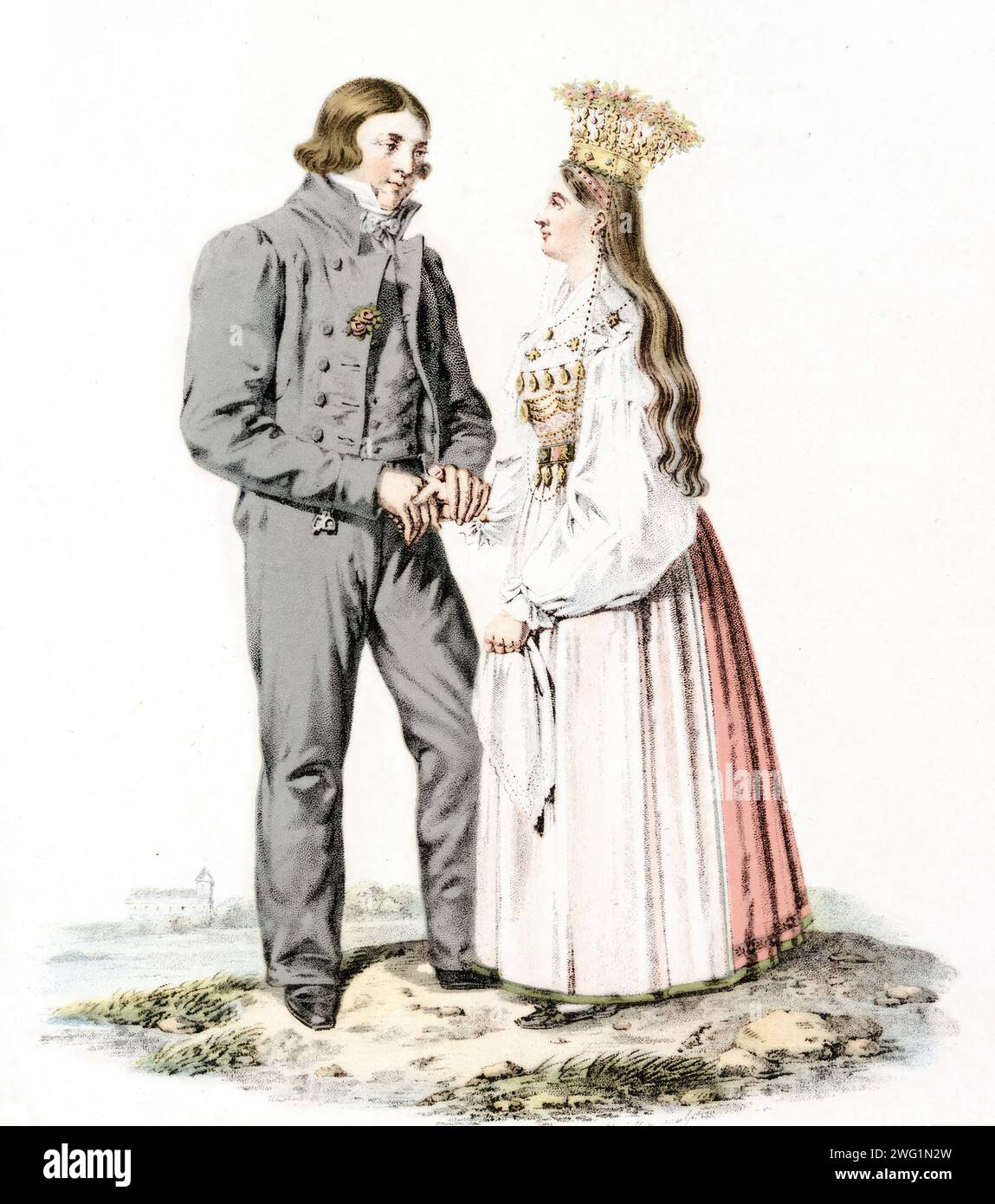 Bridal couple, folk costumes, &#xd6;stra h&#xe4;rad, J&#xe4;mj&#xf6; parish, Blekinge. (ca9th century) Stock Photo