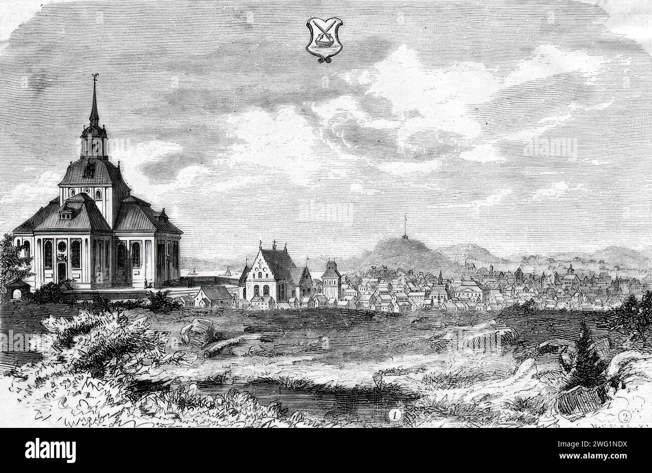 &quot;S&#xf6;derhamn, burned by the Russians in 1721.&quot; City view, newspaper illustration from the second half of the 19th century. Stock Photo