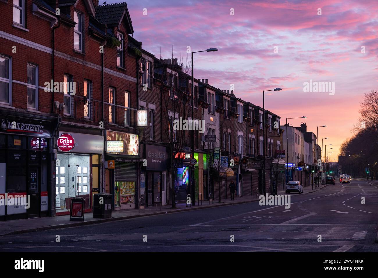 Early morning winter sky along the high street at South Wimbledon, southwest London, England, United Kingdom Stock Photo