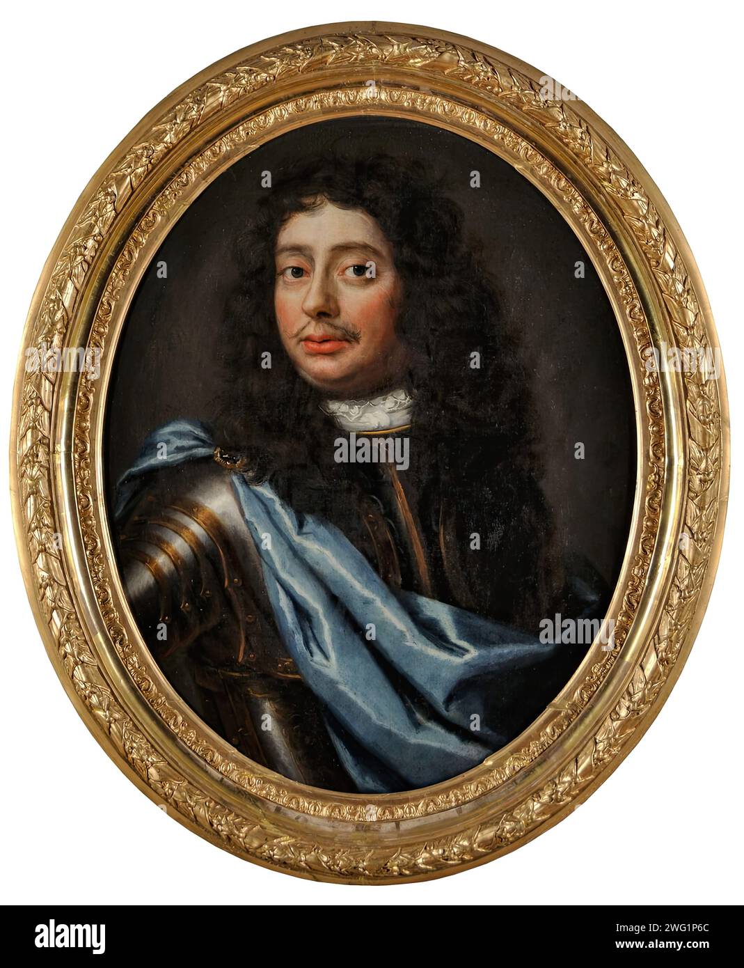 Malcolm Hamilton of Hageby, 1682. Oval bust, portrait of Malcolm Hamilton of Hageby with dark long wig. Wearing armor with draped blue cloth. Stock Photo