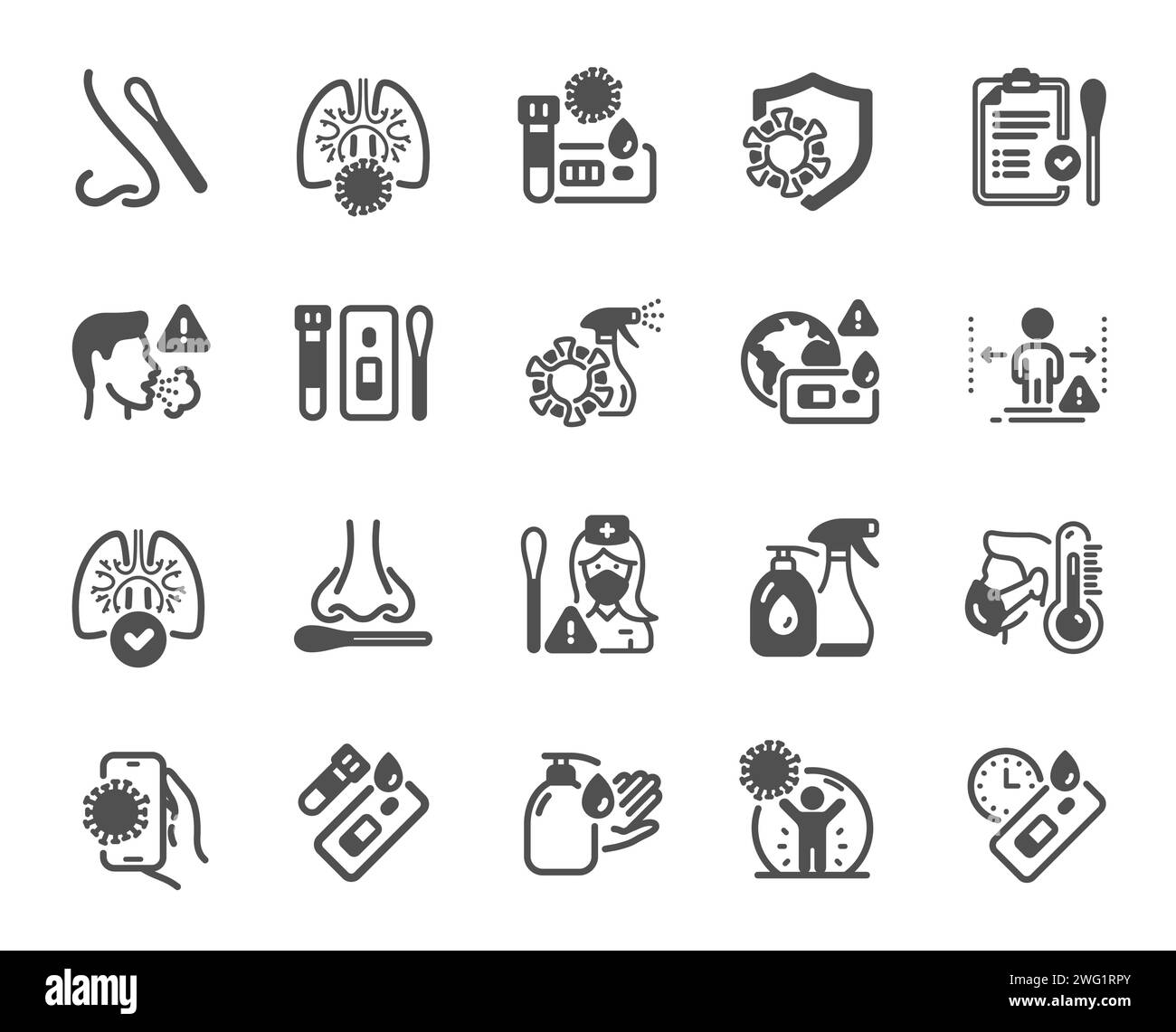 Covid Test icons. Nasal swab, Blood testing, Waiting time. Social Distance, Hand Sanitizer