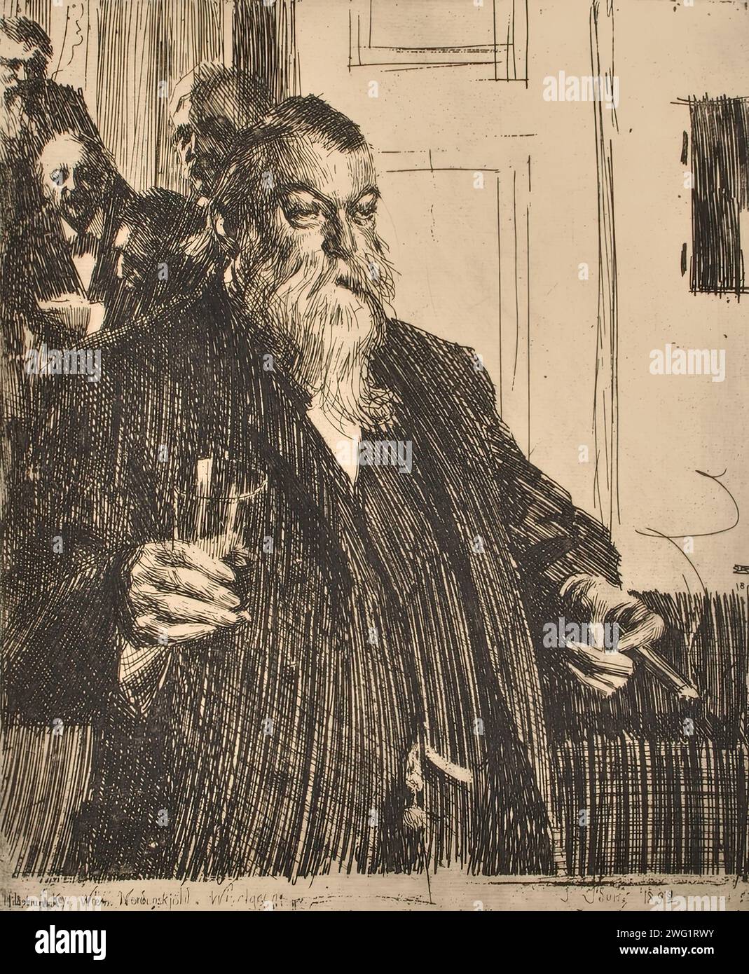 Portrait, 1893. Gentleman in full beard, fitted with cigar and goggles. In the background four more gentlemen can be seen in the adjoining room. Stock Photo