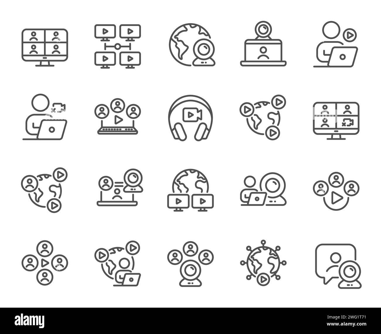 Online meeting line icons. Virtual presentation, Video conference, Live chat. Team video, Digital training icons. Vector Stock Vector