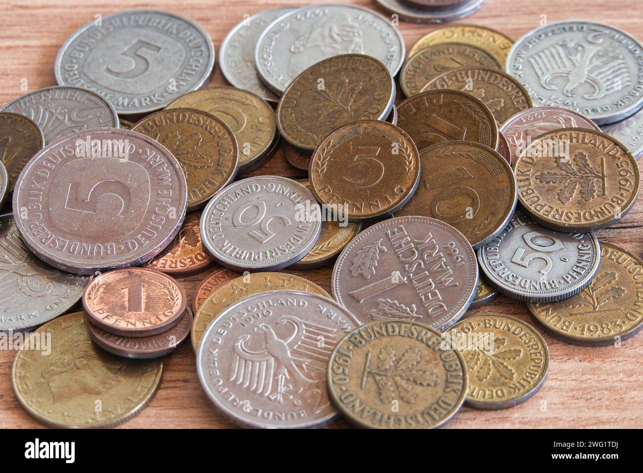 The Coins of the former currency Deutsche Mark in Germany Stock Photo
