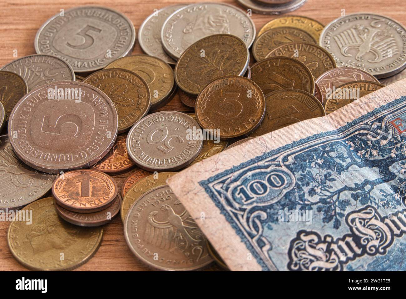 The Coins of the former currency Deutsche Mark in Germany Stock Photo