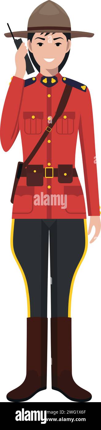 Standing Canadian Policewoman Officer with Walkie-Talkie in Traditional Uniform Character Icon in Flat Style. Stock Vector