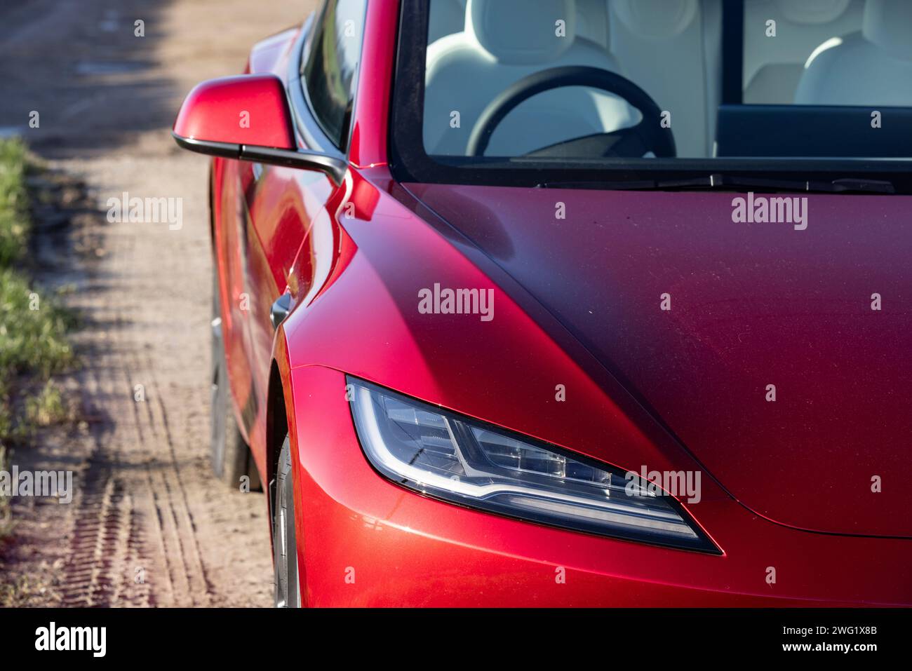 Tesla Model 3 electric vehicle being test driven in England, United
