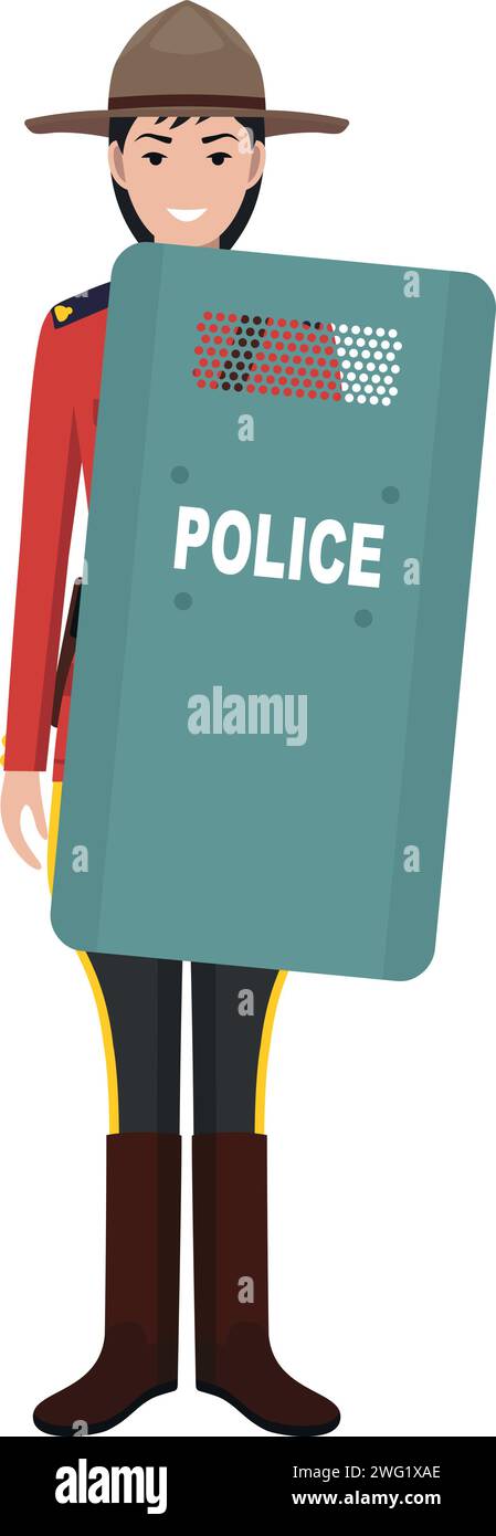 Standing Canadian Policewoman Officer with Metal Protective Shield in Traditional Uniform Character Icon in Flat Style. Stock Vector