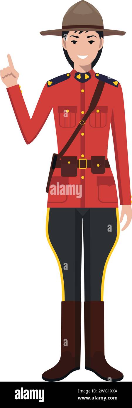 Standing Canadian Policewoman Officer in Traditional Uniform Character Icon in Flat Style. Stock Vector