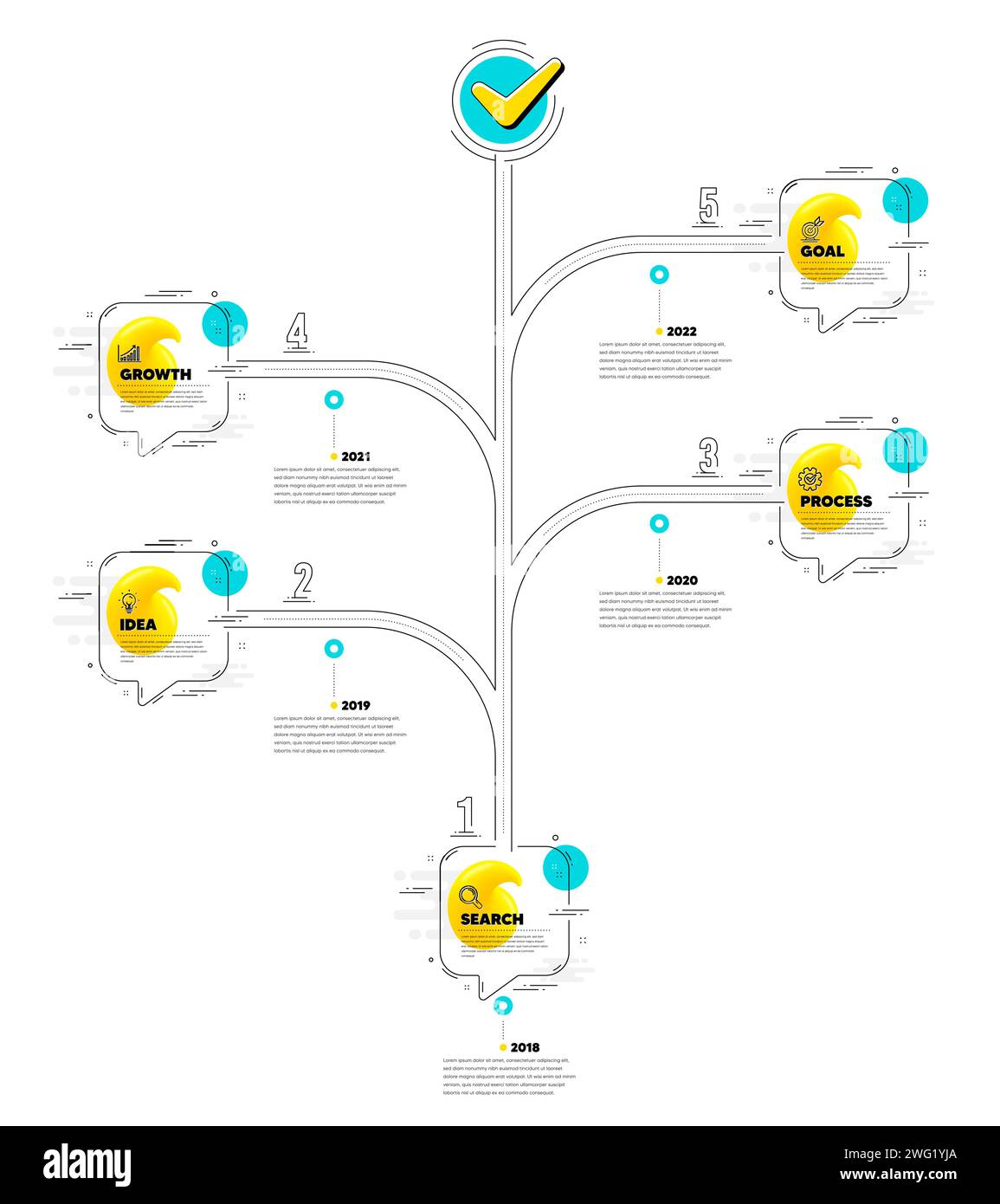 Infographic journey 5 steps tree timeline. Idea, growth chart and goal target icons. Quote speech bubbles. Vector Stock Vector