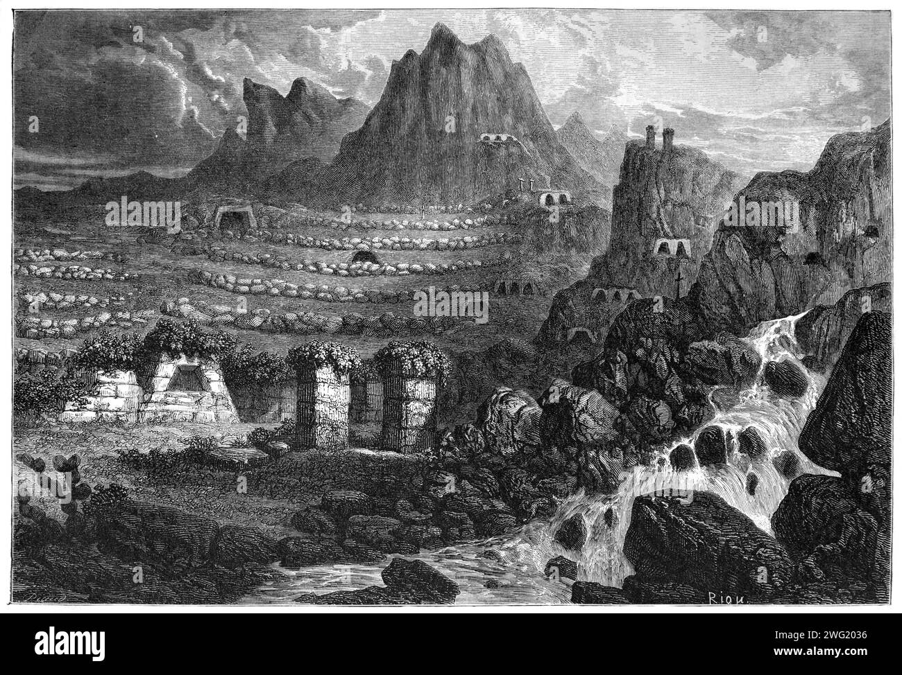 Panorama or Panoramic View of the Ancient Inca Stone Quarries, Inca Ruins and Archaeological Site of Ollantaytambo or Ollantay Tampu, Cusco Region, Peru. Vintage or Historic Engraving or Illustration 1863 Stock Photo