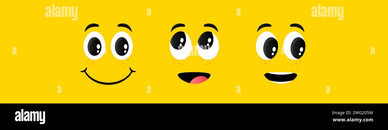 Cartoon face expressions. Smile face, surprised and interested emotions. Cute funny character with different eyes and mouth. Vector Stock Vector