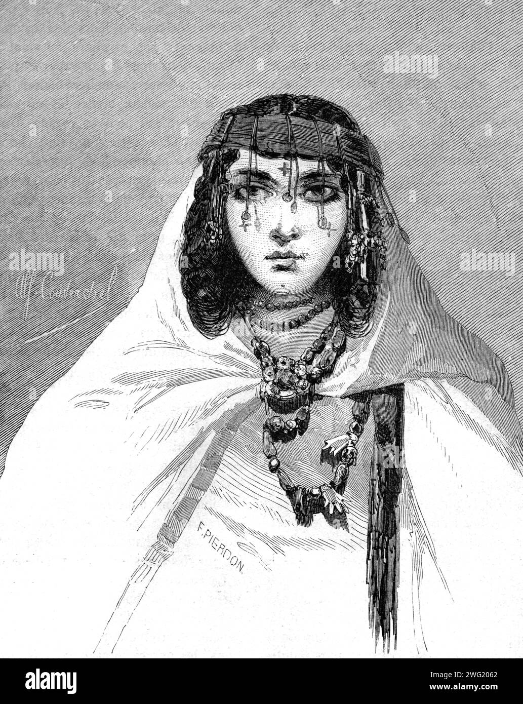 Portrait of Young Arab Woman wearing Ethnic Dress, Traditional Costume or Folk Costume including Headdress and Shawl, Metlili, Algeria. Vintage or Historic Engraving or Illustration 1863 Stock Photo