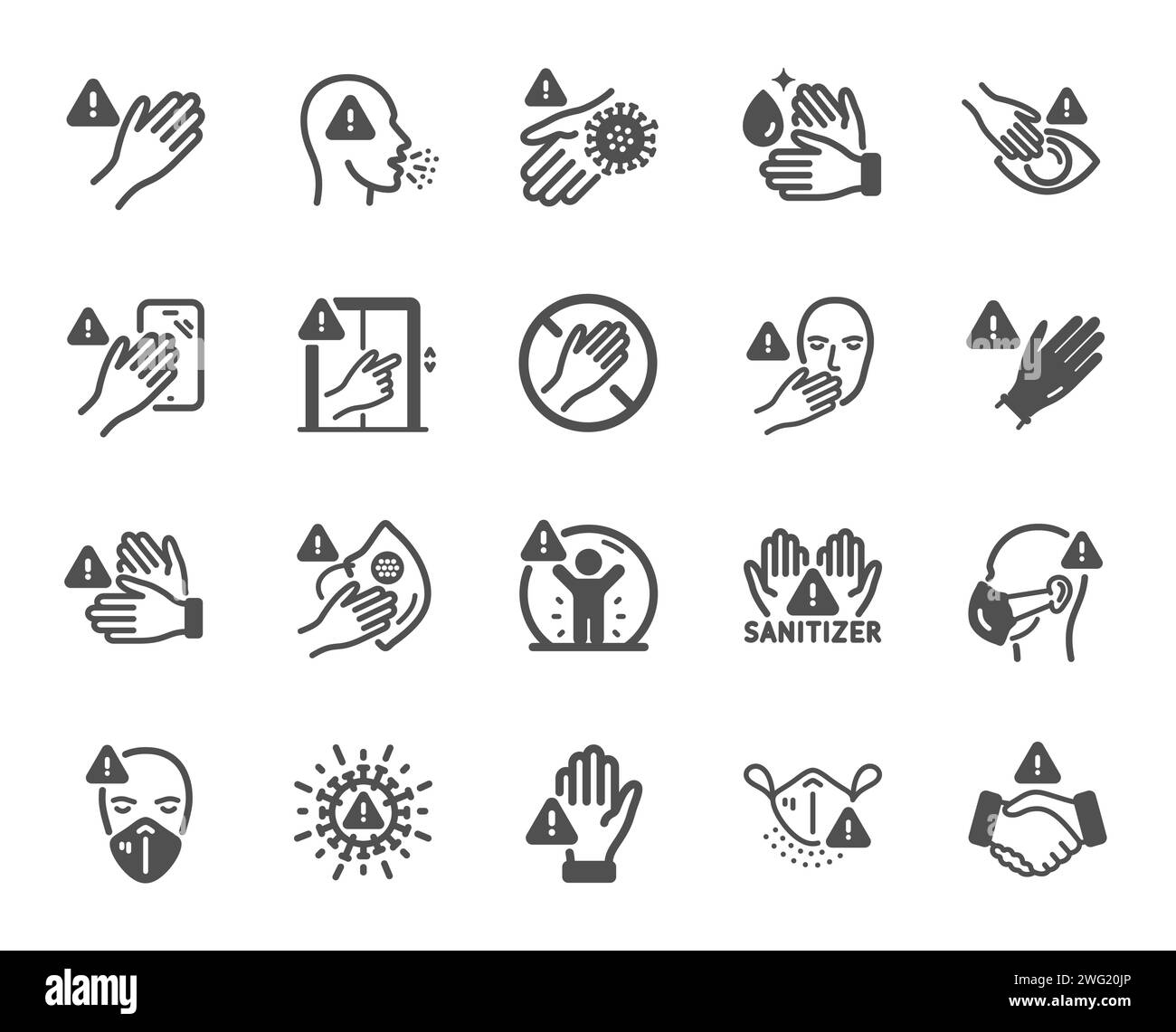 Touch warning icons. Stop touch face, eyes and medical mask. Covid cough symptoms. Vector Stock Vector