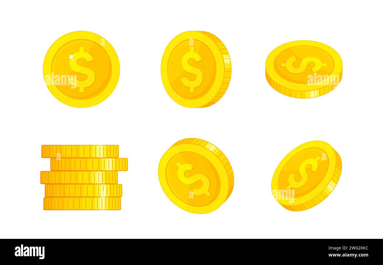 Gold coins on white background. Set of money icons with rotation. Realistic dollar gold coin. Vector Stock Vector