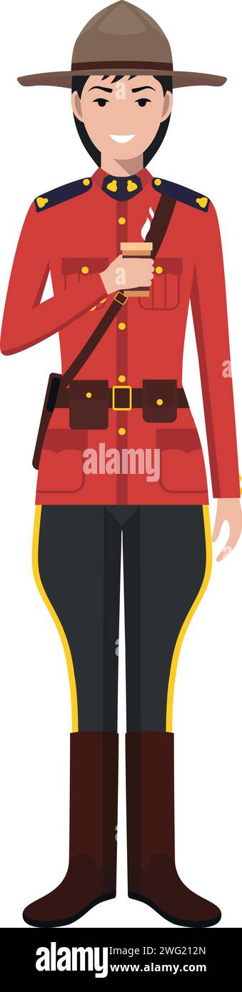 Standing Canadian Policewoman Officer with Cup of Coffee in Traditional Uniform Character Icon in Flat Style. Stock Vector