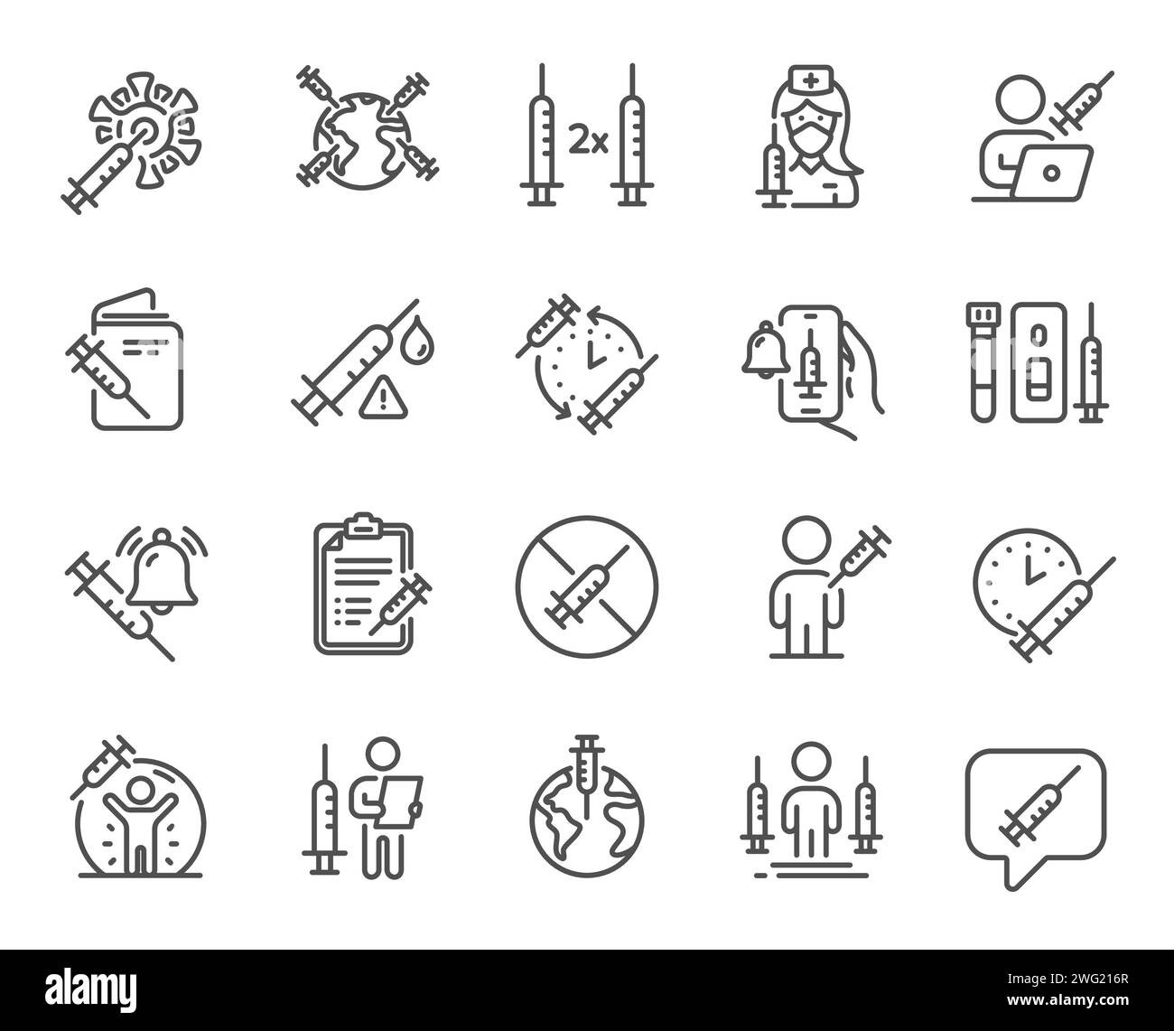 Vaccine line icons. Corona jab, Medical Syringe, Vaccination passport icons. Covid vaccine, human jabbed. Vector Stock Vector