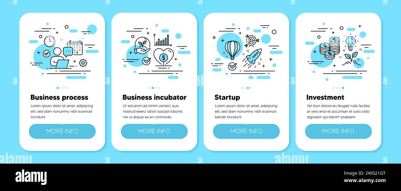 Business startup incubator, invest money strategy, flexible work line icons. Mobile phone 4 step screens. Vector Stock Vector