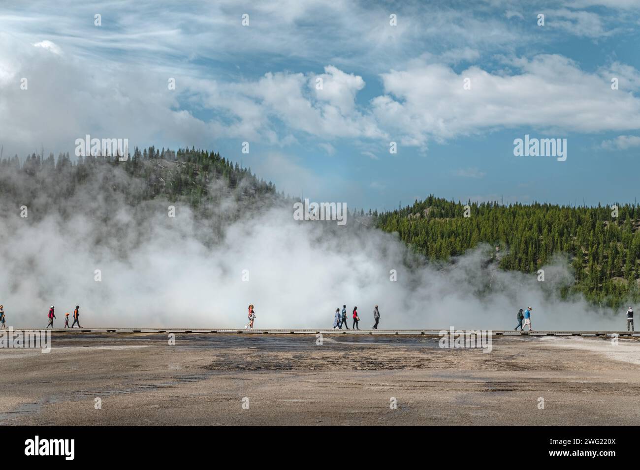 Steam rising over Grand Prismatic Spring in Yellowstone National Park Stock Photo