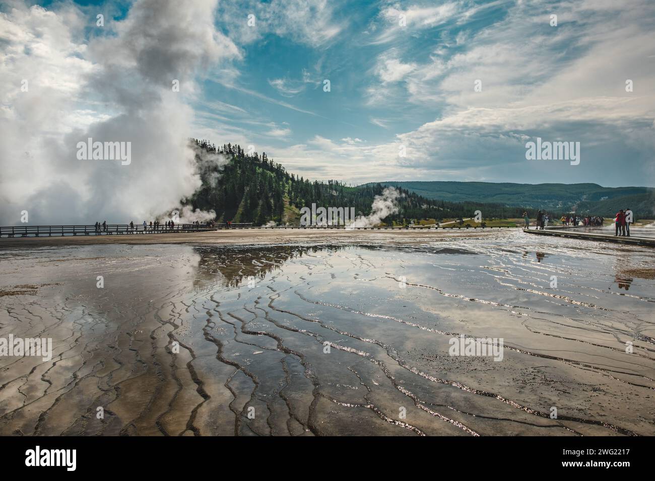 Steam rising from the Excelsior Geyser Crater in Yellowstone National Park Stock Photo