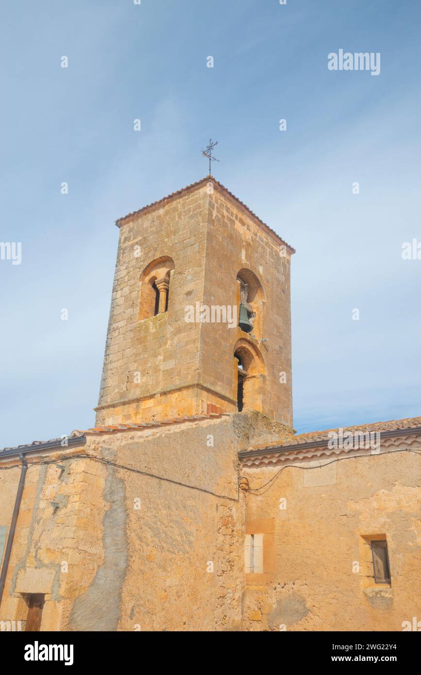 Tower of the church. Navares de Ayuso, Segovia province, Castilla Leon, Spain. Stock Photo