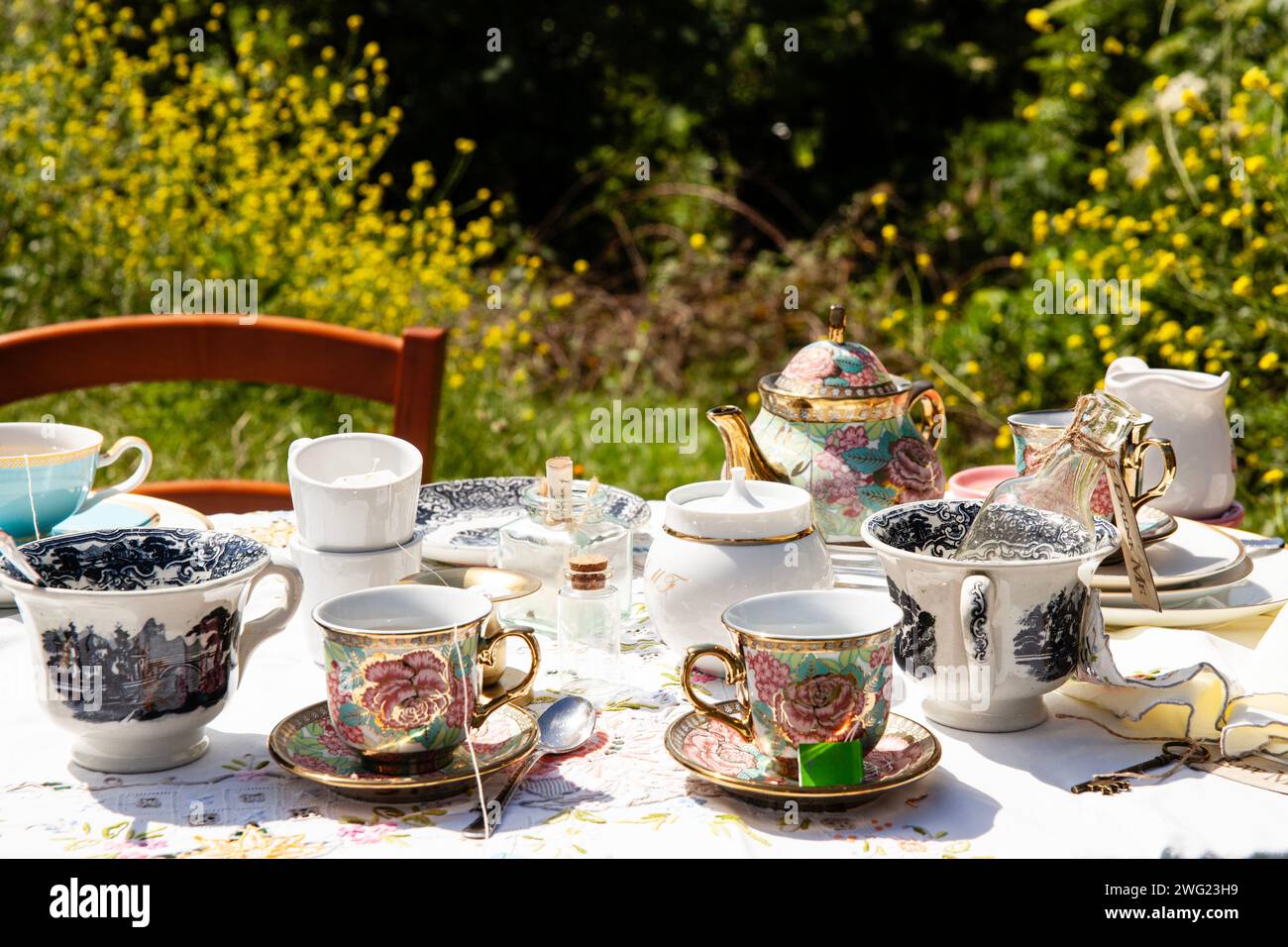 'An outdoor tea party set against a backdrop of wildflowers featuring an array of vintage china. Stock Photo