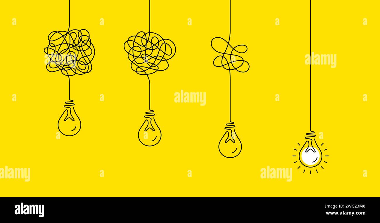 Simplify complex process background. Untangled problem, confuse, lightbulb idea concept. Vector Stock Vector