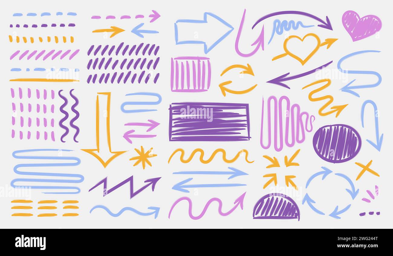 Multicolored highlight brush strokes and underlines. isolated elements. Stock Vector