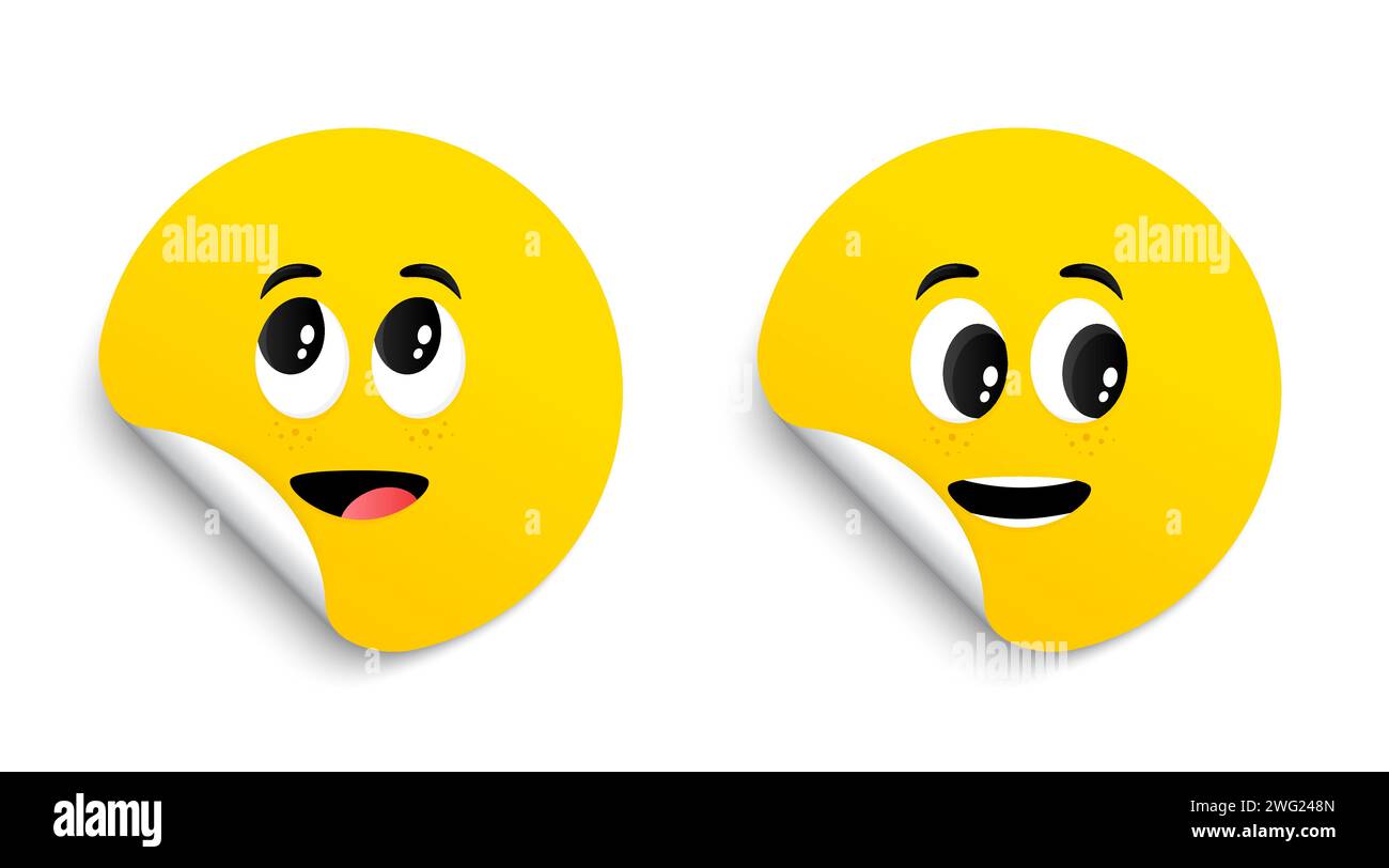 Cartoon face expressions on stickers. Surprised face, interested emotions tags. Funny character with eyes, mouth. Vector Stock Vector