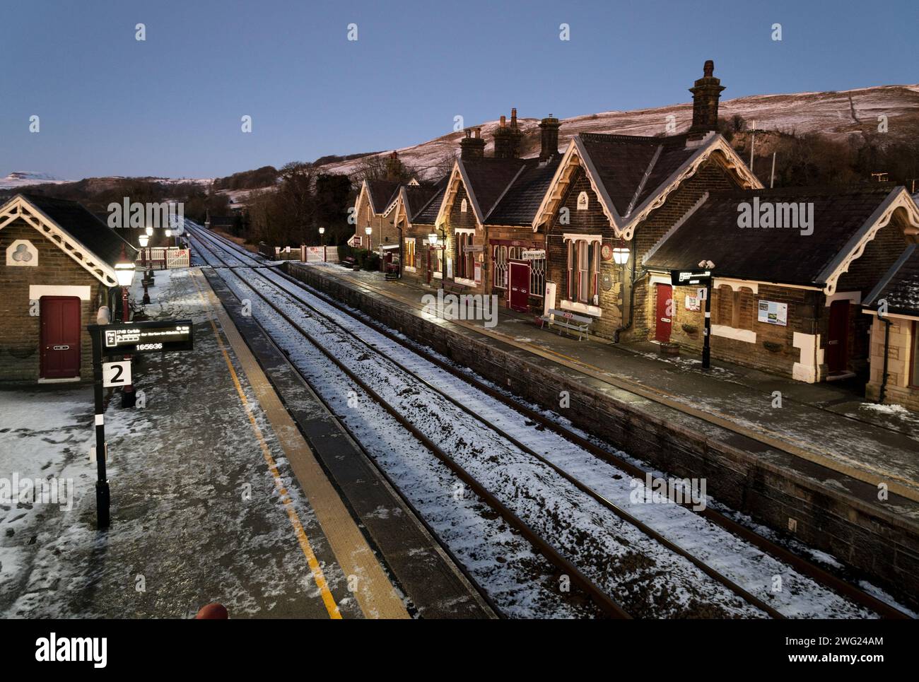 Late winter afternoon at Settle Station, North Yorkshire. Stock Photo