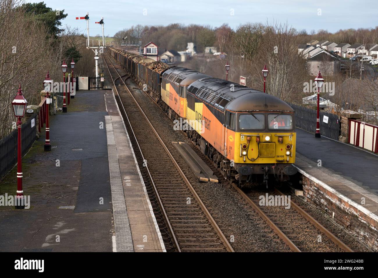 The log train passes through Appleby Station on the Settle-Carlisle Railway en route to the Kronospan processing works at Chirk, Wales. Stock Photo
