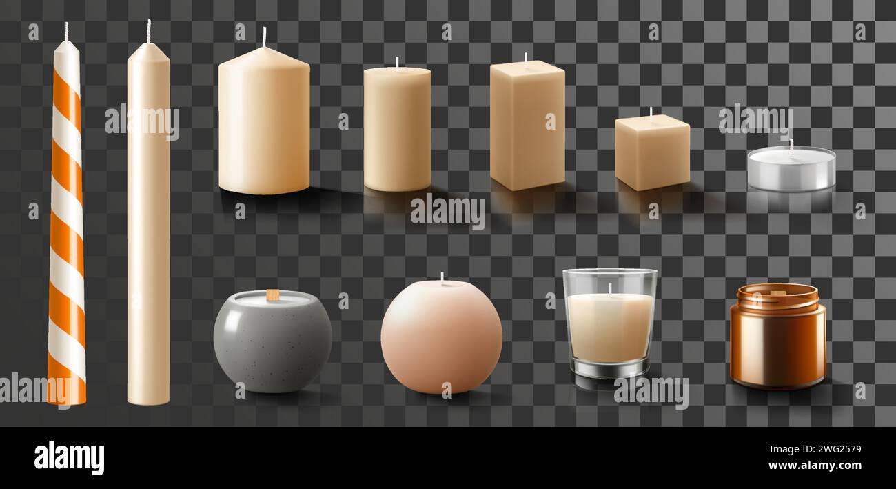 Set of scented wax candles of different sizes and shapes and colors