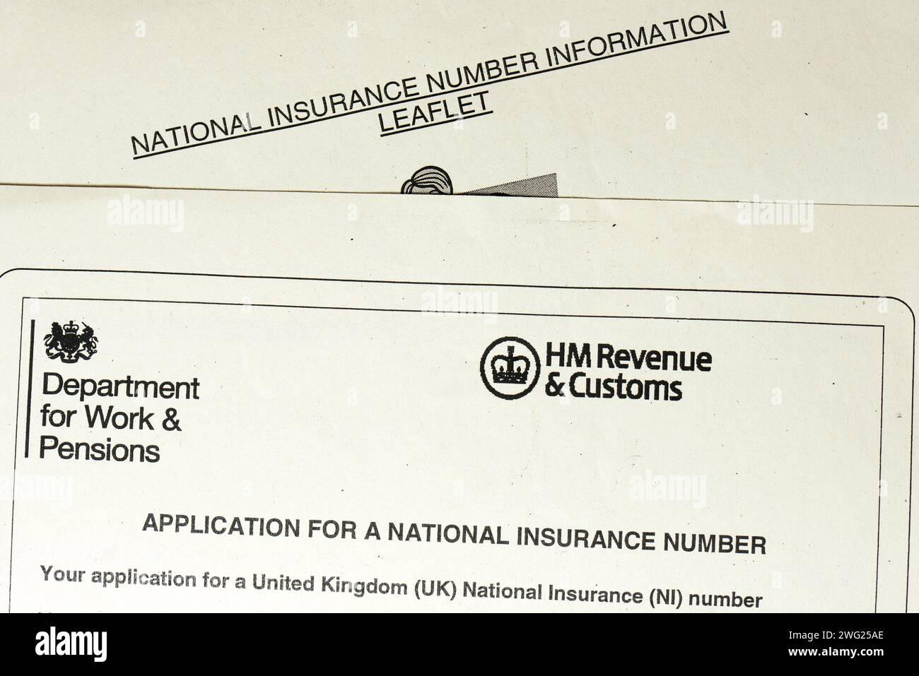 Department for Work and Pensions application form for a national insurance number in UK Stock Photo