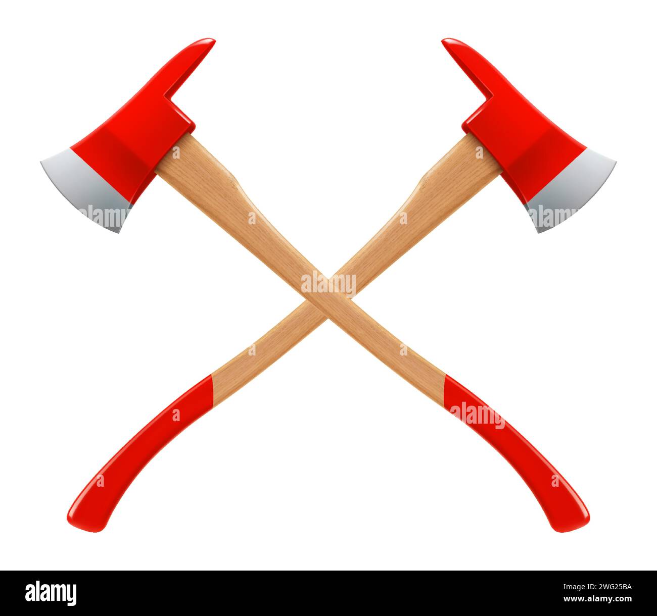 Crossed firefighter axes isolated on white background. Realistic 3d