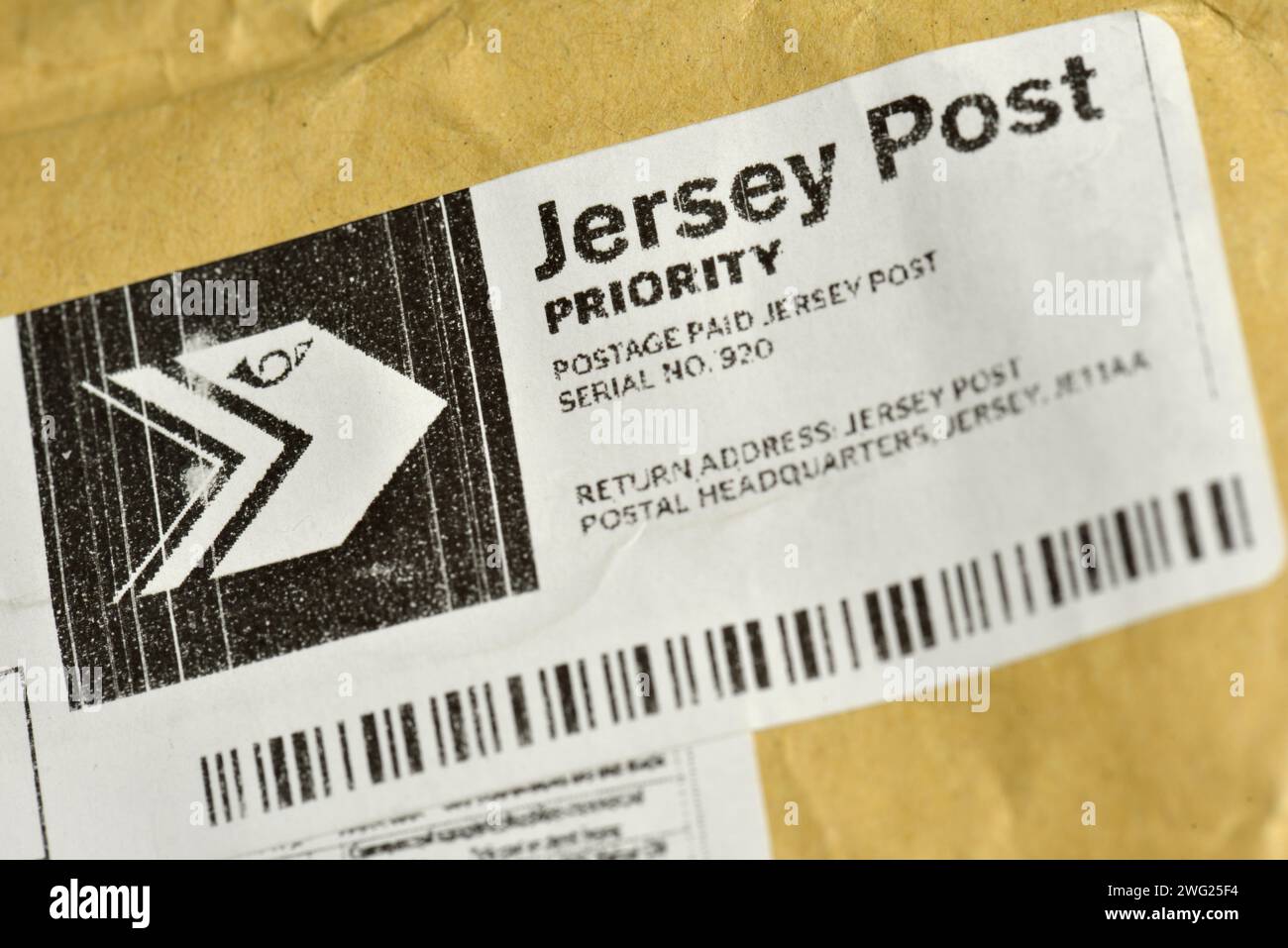 Jersey Post priority postage paid envelope with return address to postal headquarters in Jersey Stock Photo
