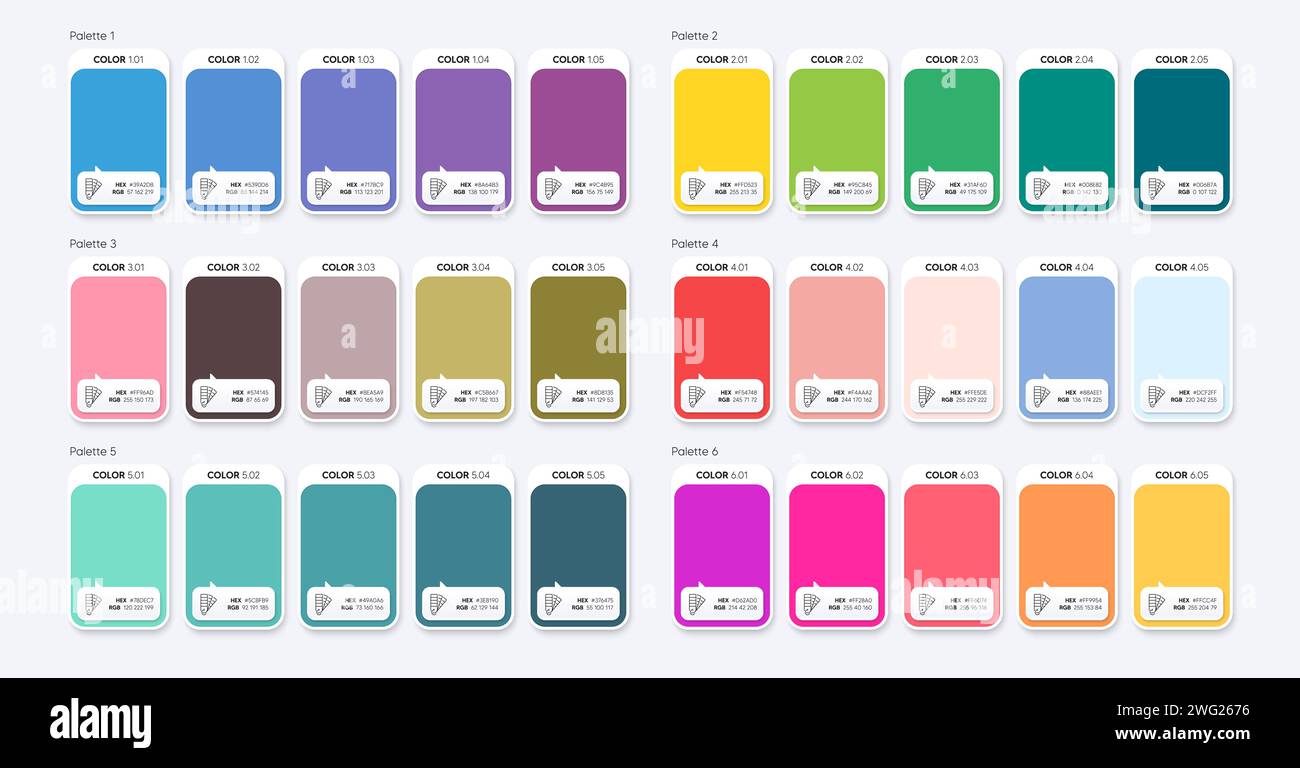 Pantone color palette samples. Combination of different colors palettes in RGB HEX. Vector Stock Vector