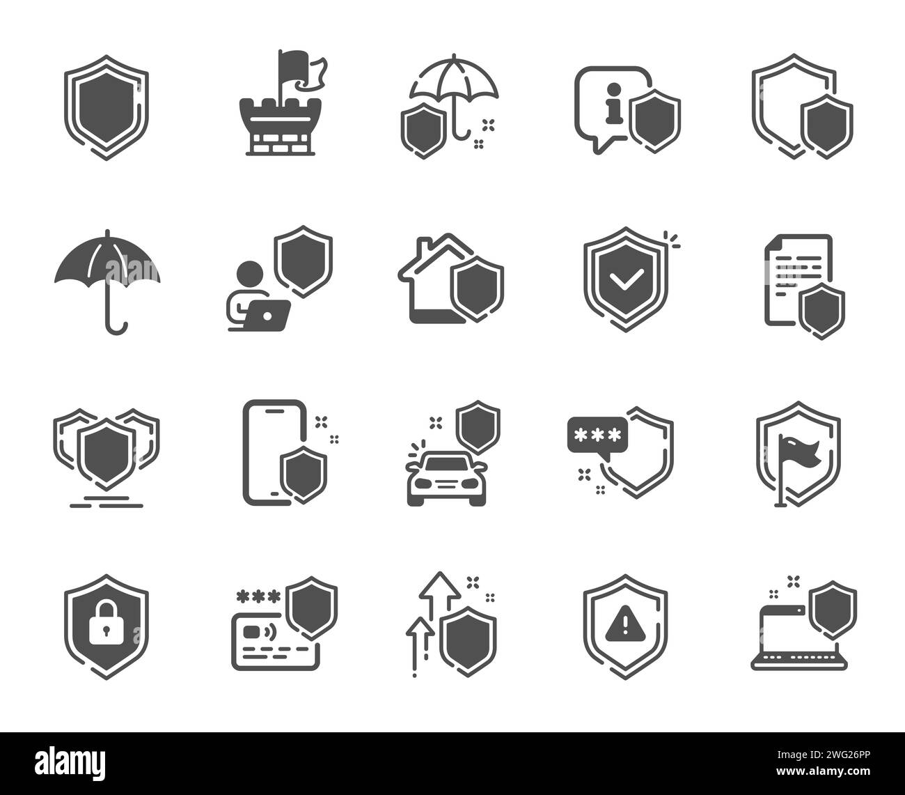 Defense icons. Car insurance, Secure shield and Safe umbrella icons