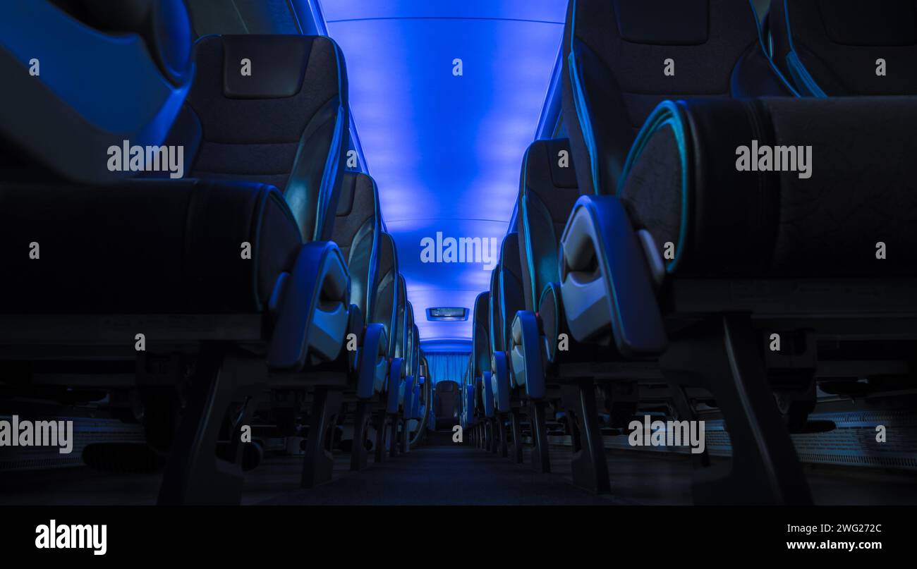 Modern Blue Illuminated Coach Bus Interior. Transportation Industry ...