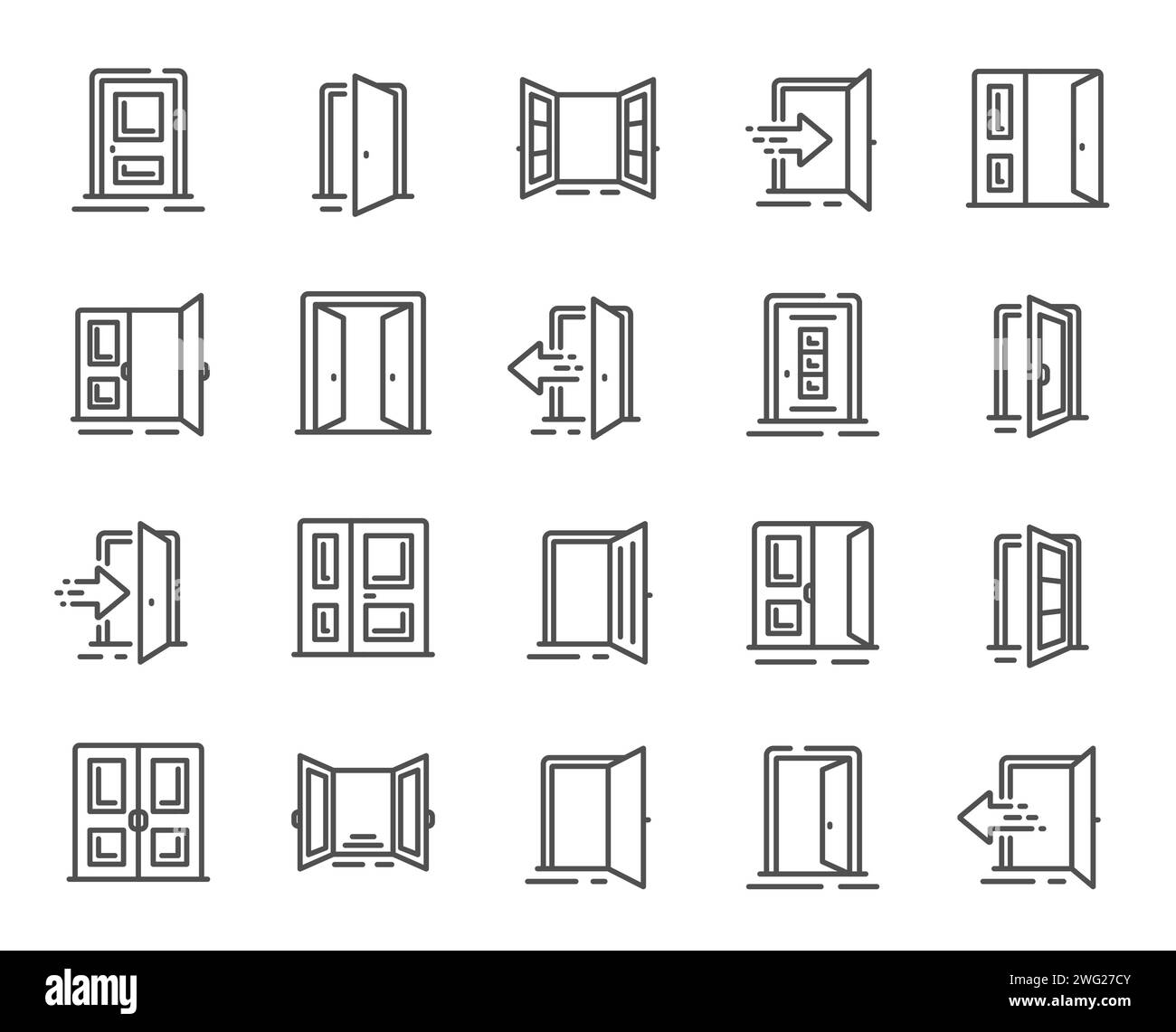 Entrance line icons. Open door, Building entry and Emergency exit outline icons. Vector Stock Vector