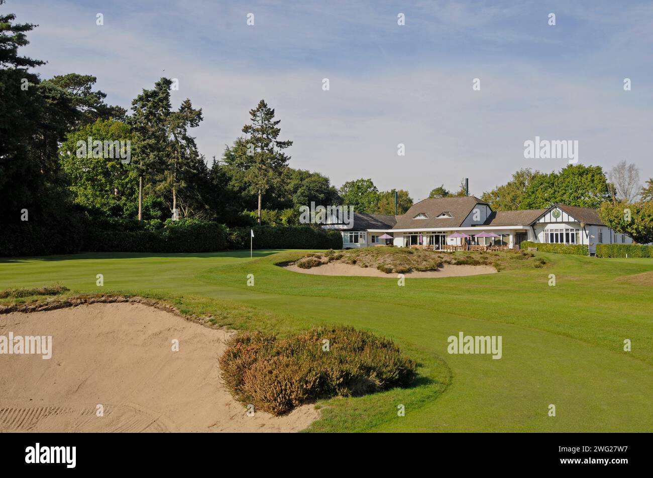 View over Bunkers to 18th Green and Clubhouse, West Hill Golf Club