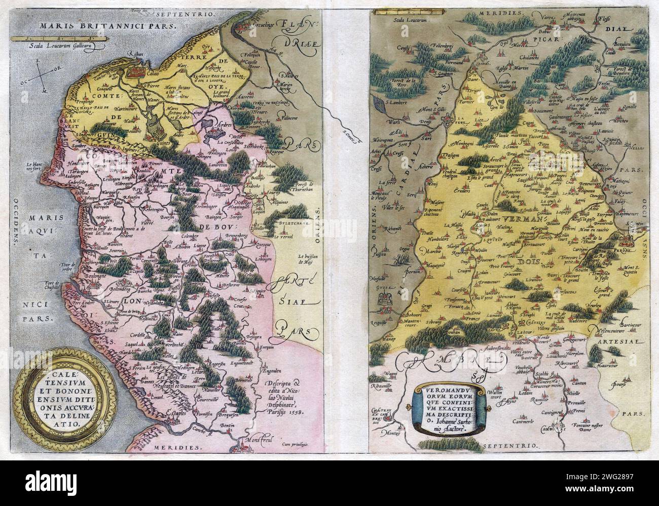 1579 Ortelius Map of Calais and Vermandois, France and Vicinity.  Left map, entitled Caletensium,depicts the French and Belgian coastline from Estables to Calais. The right map, entitled Veromandorum, depicts the immediate vicinity of Saint-Quentin in northern France. This map is based upon the cartographic work of Jean de Surhon who was commissioned by the crown to map the region in 1557. Each map features a decorative title cartouche in the lower left quadrant. Stock Photo