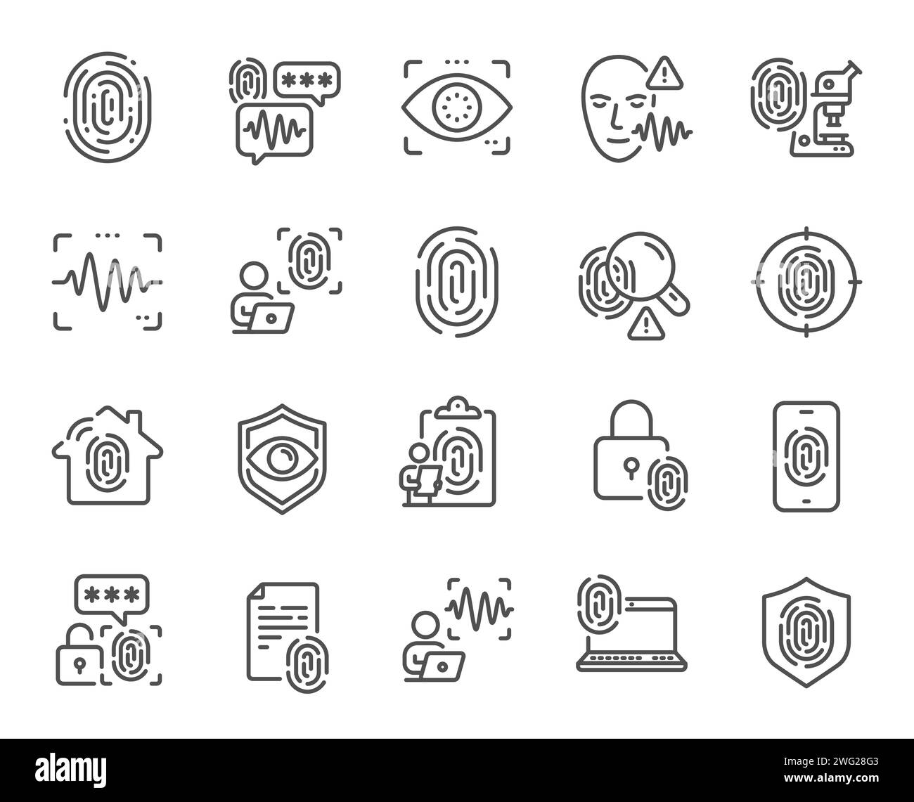 Biometric line icons. Fingerprint access, Eye biometric and Voice ...