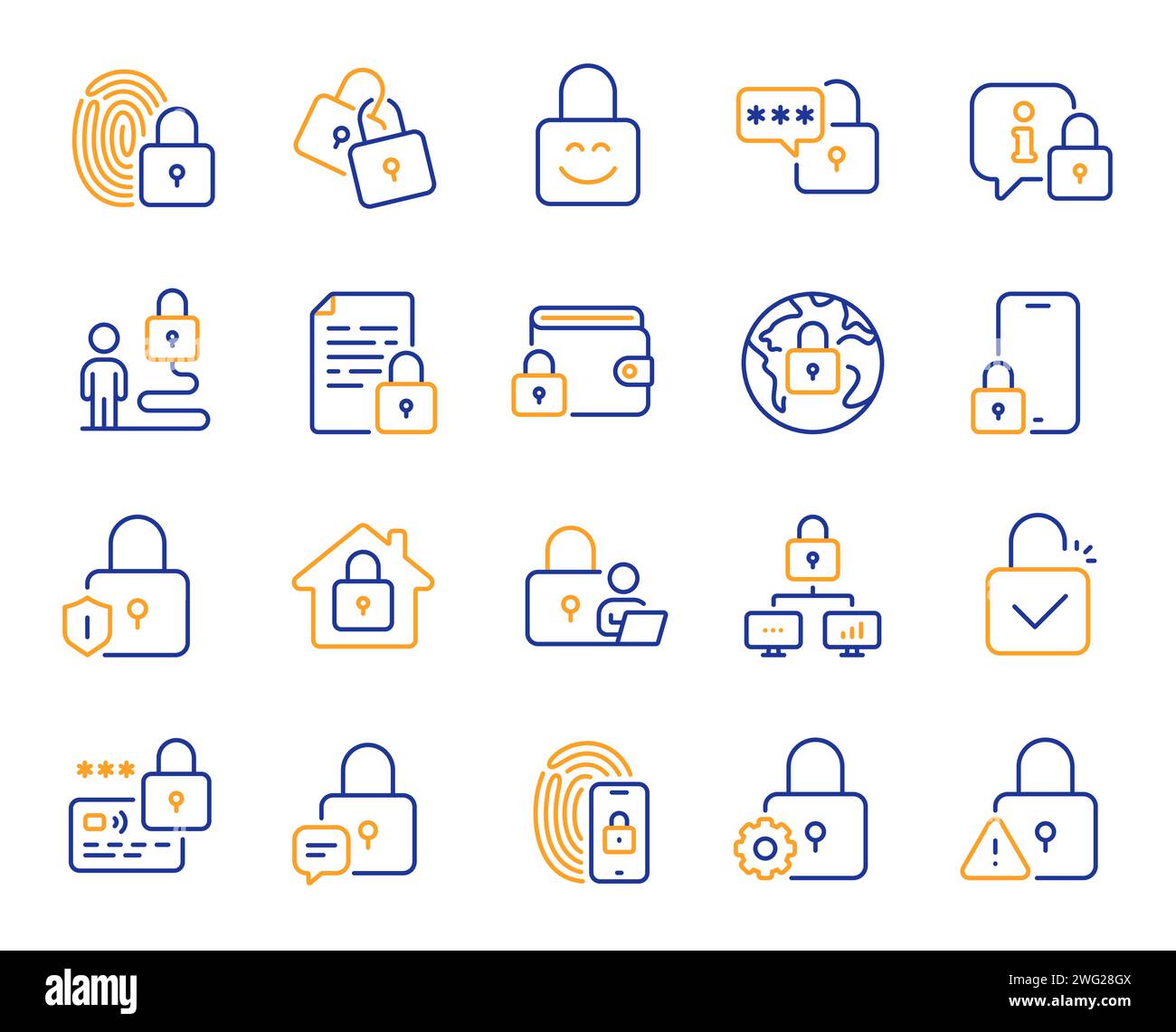 Locks line icons. Fingerprint protection, Unlock code and Credit card ...