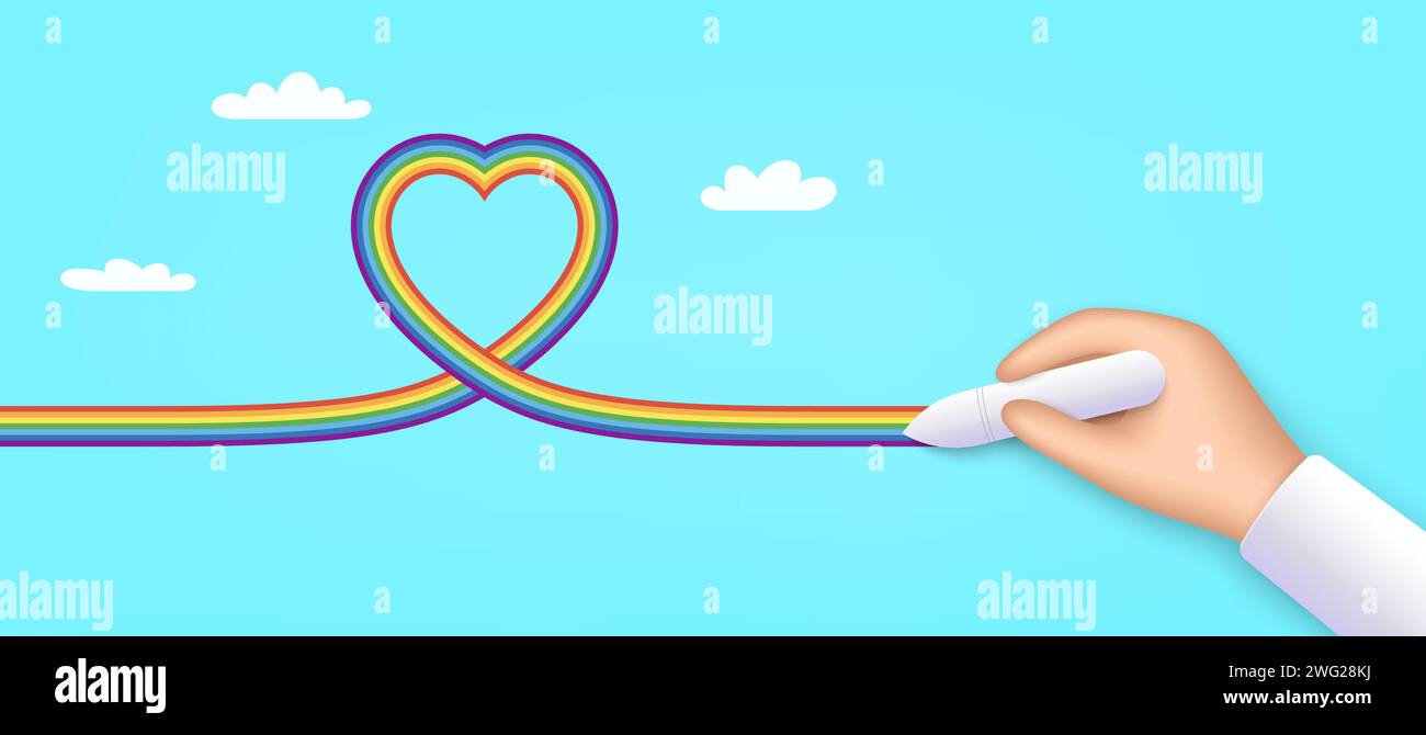 Realistic hand writing LGBT love icon. Continuous pride flag line with heart symbol. Banner with 3d hand. Vector Stock Vector
